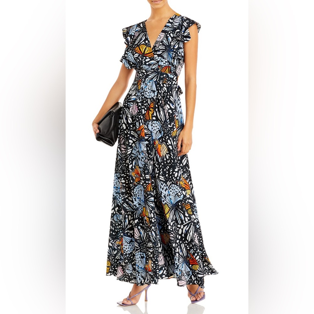 Aqua Black Butterfly Print Maxi Dress with Blue Orange Accents Sz M Runs Small
